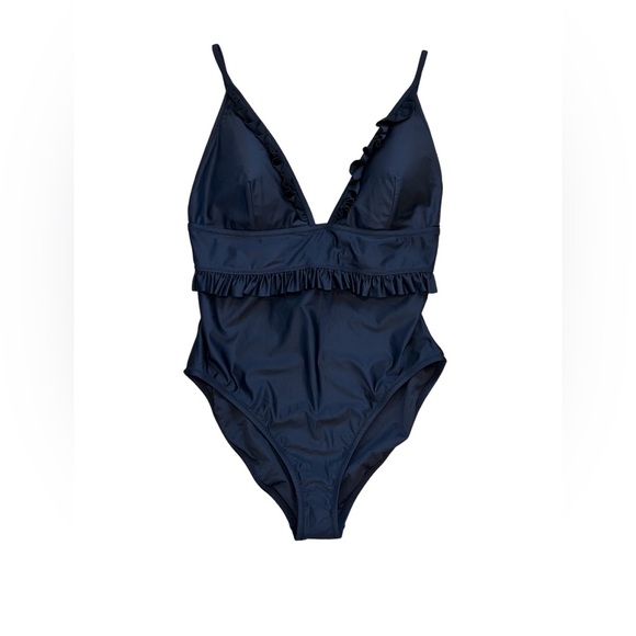 NWT J. Crew Ruffle Plunge One Piece Swimsuit 16 black beach swim vacation - Picture 3 of 12